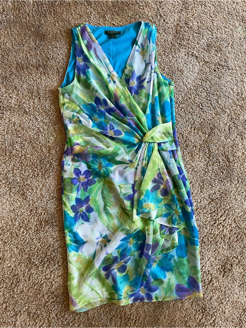 Lauren Ralph Lauren Cinch Waist Floral Tie Dress Women’s Size 12 Green Blue